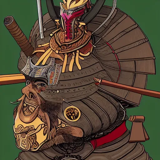 Prompt: a powerful japanese samurai wearing a crafted bone helm, detailed face, highly detailed, face symmetry, character concept portrait by moebius and laurie greasley, colorful, profile picture, 8 k, cinematic color grading