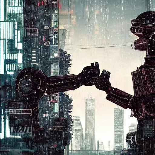 Image similar to a heartfelt unspoken love story between two robots overlooking a crumbling empty city, third person, cyberpunk, dystopia, rain, bittersweet