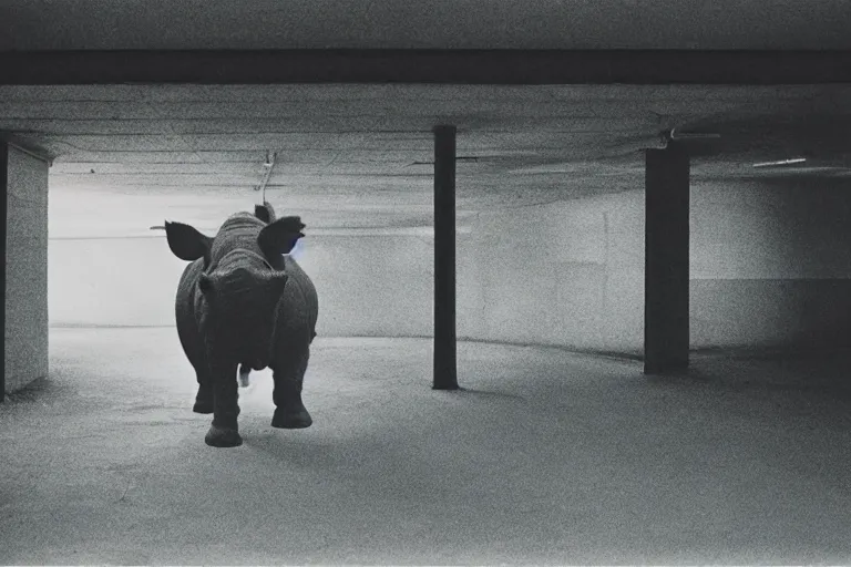 Image similar to obscured fuzzy rhino, inside of an badly lit 1970s parking garage, ektachrome photograph, volumetric lighting, f8 aperture, cinematic Eastman 5384 film