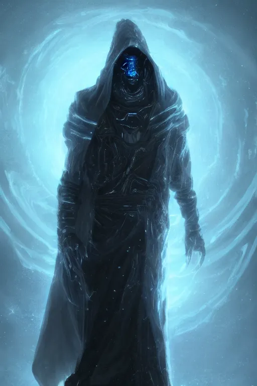 Prompt: a full body portrait of a mysterious cybernetic wizard with a very long hooded cloak made of stars and clouds, by maciej kuciara and jason chan, ominous, cosmic horror, trending on artstation, ultra detailed, hyper realistic 4 k, volumetric light