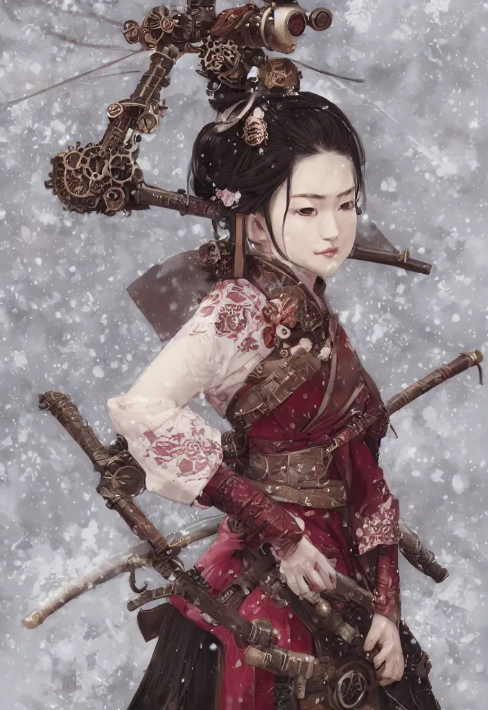 Image similar to detailed portrait of steampunk girl samurai with tachi and cross bow combat pose in snow forest sakura cherry blossom swan hakama kimono trending on artstation elite, elegant, luxury, by krenz cushart greg rutkowski alexandros, perfect face, fine details, realistic shaded, fine - face, pretty face