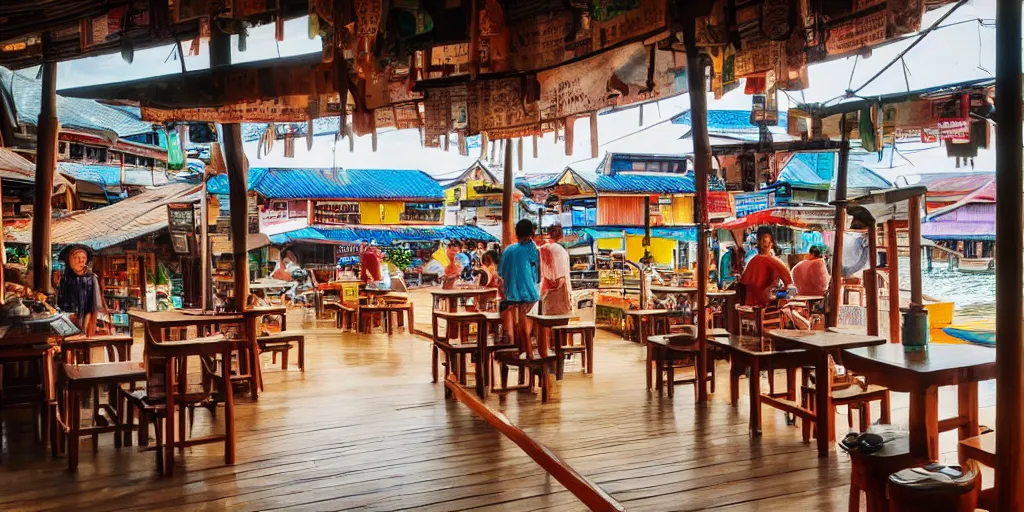 Image similar to interior of a kopitiam at pulau indah fishing village, near a jetty, early morning, hyperrealistic, detailed, low angle view, telephoto lens, bokeh, studio ghibli, artstation