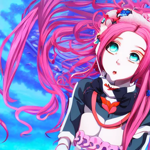 Image similar to trapped by stunningly beautiful omnipotent megalomaniacal otome anime asi goddess who looks like junko enoshima with symmetrical perfect face and porcelain skin, pink twintail hair and mesmerizing cyan eyes, inside her surreal vr castle where she controls everything!!!, hyperdetailed, digital art from danganronpa, 8 k