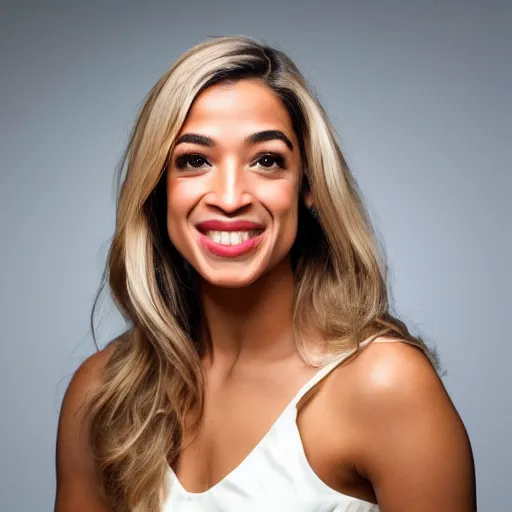 Image similar to photo of aoc as a blond caucasian woman, white dress