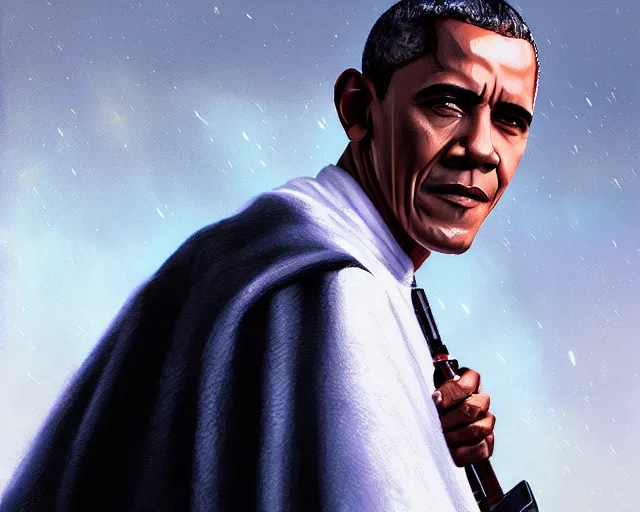 Prompt: 5 5 mm portrait photo of barack obama as mace windu. dark atmosphere. art by greg rutkowski. highly detailed 8 k. intricate. lifelike. soft light. nikon d 8 5 0.