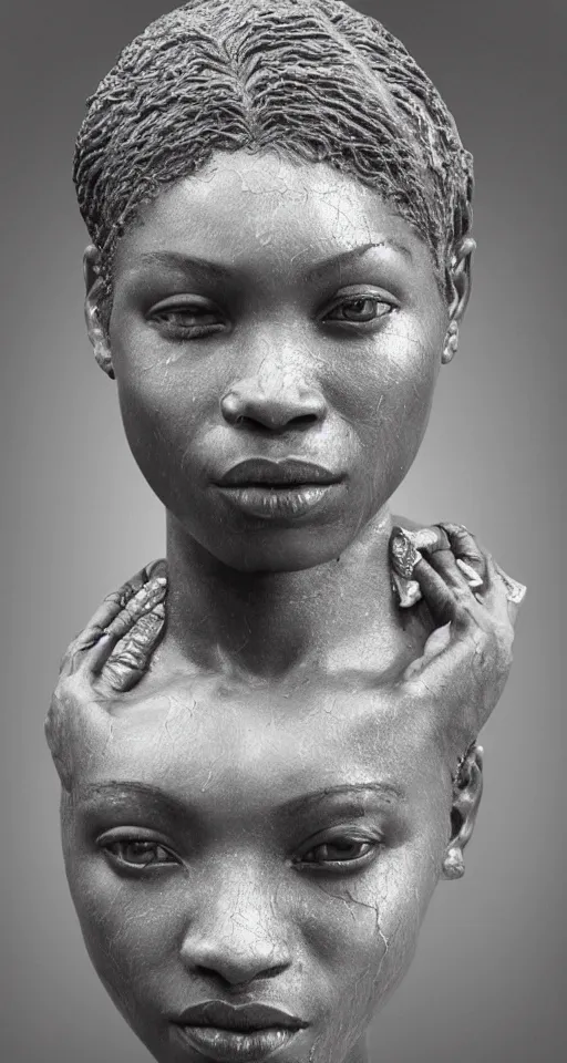 Image similar to hyper realistic of a stunning intricate cracked black marble falling african american woman angel face sculpture, highly detailed, white tone background, trending on artstation, hyperrealism, matte painting, subsurface scattering