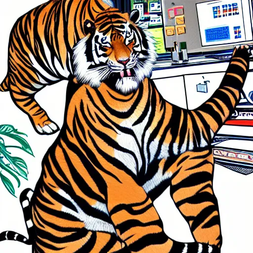 Prompt: A tiger in a lab coat with a 1980s Miami vibe, turning a well oiled science content machine, digital art