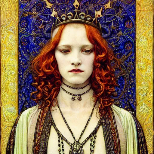 Image similar to detailed realistic half body portrait of a beautiful young medieval queen by jean delville, art nouveau, symbolist, visionary, gothic, horizontal symmetry, opulent gown, ornate jewels