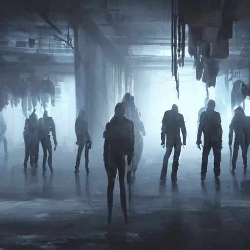 Image similar to illustration of rows of humans hanging on hooks in an ice box, rolling fog, cyberpunk, dystopian, dramatic lighting, unreal engine 5