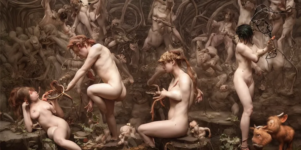 Prompt: hyperrealistic photography of satyrs assisting a concept machine in the style of Jin Kagetsu, patricia piccinini, James Jean and wlop, highly detailed, masterpiece, award-winning, sharp focus, intricate concept art, ambient lighting, 8k, artstation