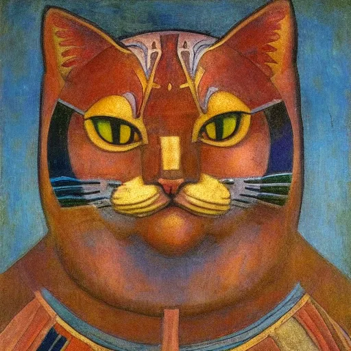 Image similar to sacred ancient polychrome cat head sculpture, by annie swynnerton and diego rivera and nicholas roerich and jean delville, symbolist, dramatic lighting, god rays, elaborate geometric ornament, art brut, rich colors, smooth sharp focus, extremely detailed, adolf wolfli