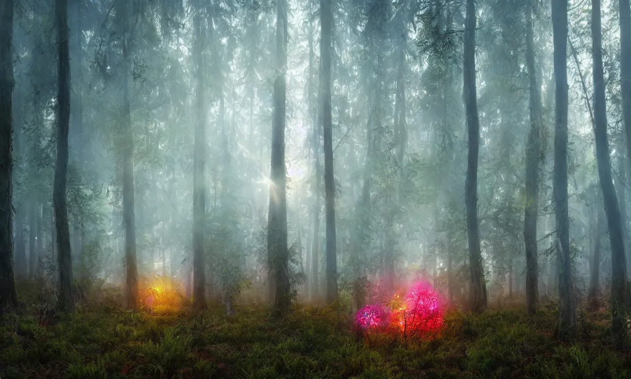 Prompt: misty pine forest floor, mystical, amanita muscaria mushrooms dripping with mist, firefly's swarming, sun shining through the tree canopy, dreamy colors, photorealistic, landscape photography, beautiful, 4 k, trending on artstation, serene, bliss