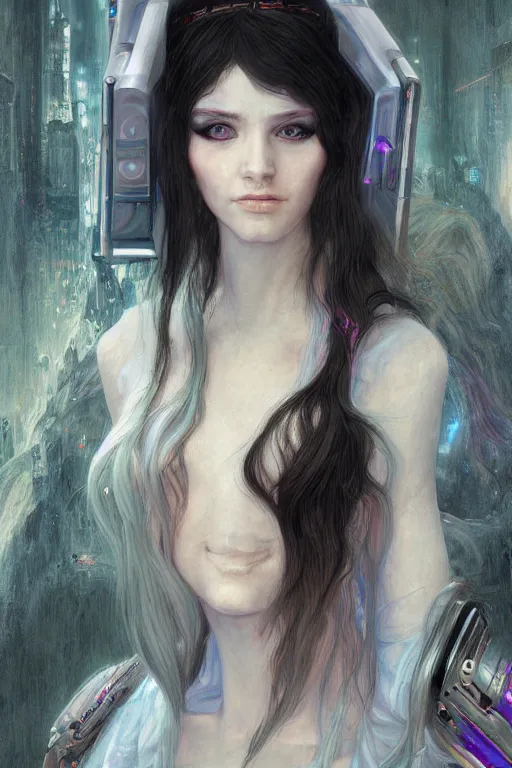 Image similar to portrait of beautiful young elf maiden with white hairs, cyberpunk, Warhammer, highly detailed, artstation, illustration, art by Gustav Klimt