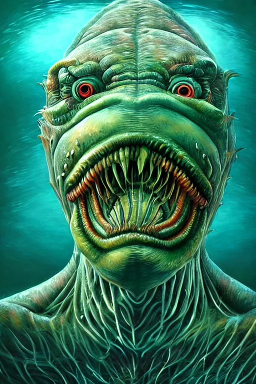 Image similar to hyperrealistic close-up surrealism underwater creature monster!! highly detailed concept art eric zener elson peter cinematic hard green lighting high angle hd 8k sharp shallow depth of field, inspired by David Paul Cronenberg and Zdzisław Beksiński