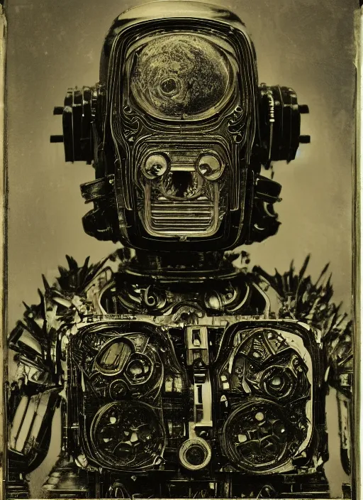 Image similar to old wetplate daguerreotype portrait of futuristic robot, dubbel negative exposure, explosion of data fragments, fractal, intricate, elegant, highly detailed, parallax, leica, medium format, subsurface scattering, by jheronimus bosch and greg rutkowski and louis jacques mande daguerre
