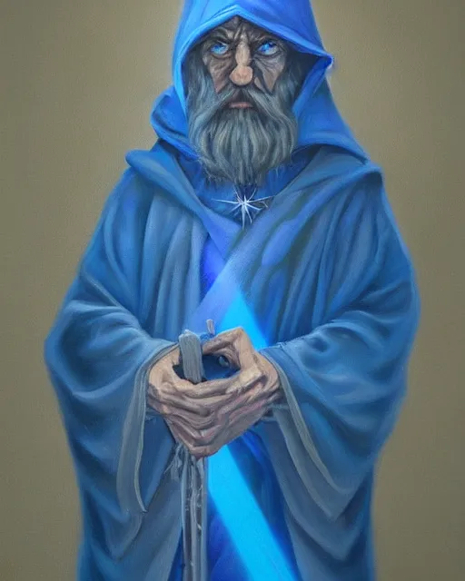 Image similar to Hyper realistic painting of a wizard in a blue robe, by Anato Finnstark, detailed, beautiful, trending on artstation