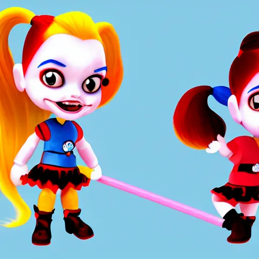 Prompt: baby harley quinn with pigtail in hair like pebbles flintstones playing with a magic wand, full body, big head, large smile, pixar style, happy, chill out 4 k trending on artstation