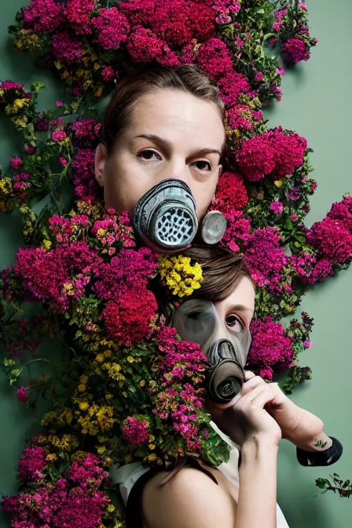 Prompt: a surreal portrait of a woman wearing gas mask blending into a wall of flowers in the style of brooke didonato, editorial fashion photography from vogue magazine, full shot, nikon d 8 1 0, ƒ / 2. 5, focal length : 8 5. 0 mm, exposure time : 1 / 8 0 0, iso : 2 0 0