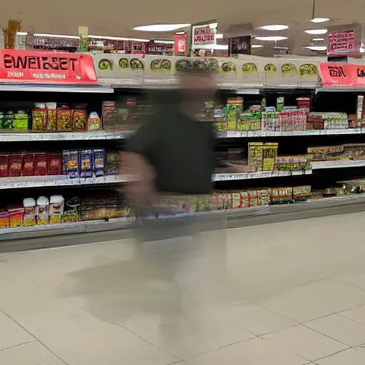 Image similar to empty grocery store, blurry shadow figure cashier, red eyes