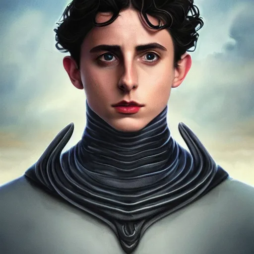 Image similar to realistic paul atreides emperor of the known universe, perfect dramatic and dark portrait by rabbitary b, trending on artstation, deviantart, dune, low angle oil painting and composition laws, dark foggy background, timothee chalamet but he is older, denis villeneuve cinematography