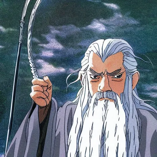 Image similar to gandalf from the anime lord of the rings (1986), studio ghibli, very detailed, hyperrealistic