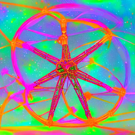 Prompt: fractal strandbeest wandering through colorful nebulas on the fringes of the edge of realitys rainbow, illustration with colors that pop