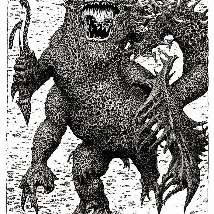 Image similar to オクタロック spitting rocks, as a d & d monster, pen - and - ink illustration, etching, by russ nicholson, david a trampier, larry elmore, 1 9 8 1, hq scan, intricate details, high contrast