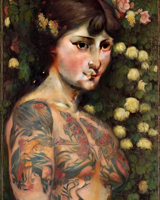 Image similar to a beautiful girl with tattoos surrounded by flowers orientalist intricate portrait by john william waterhouse and edwin longsden long and theodore ralli and nasreddine dinet, oil on canvas. cinematic, hyper realism, dramatic lighting, high detail 8 k