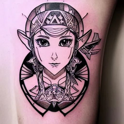 Image similar to tattoo design, stencil, clean line art, g pen, portrait of princess zelda by artgerm, symmetrical face, beautiful, triforce