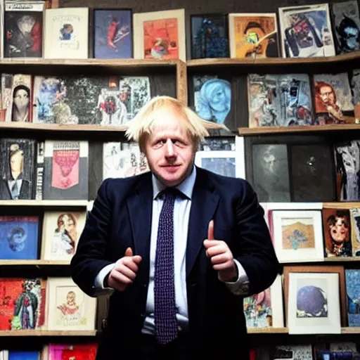Prompt: boris johnson shows off his doctor who collection, press photo