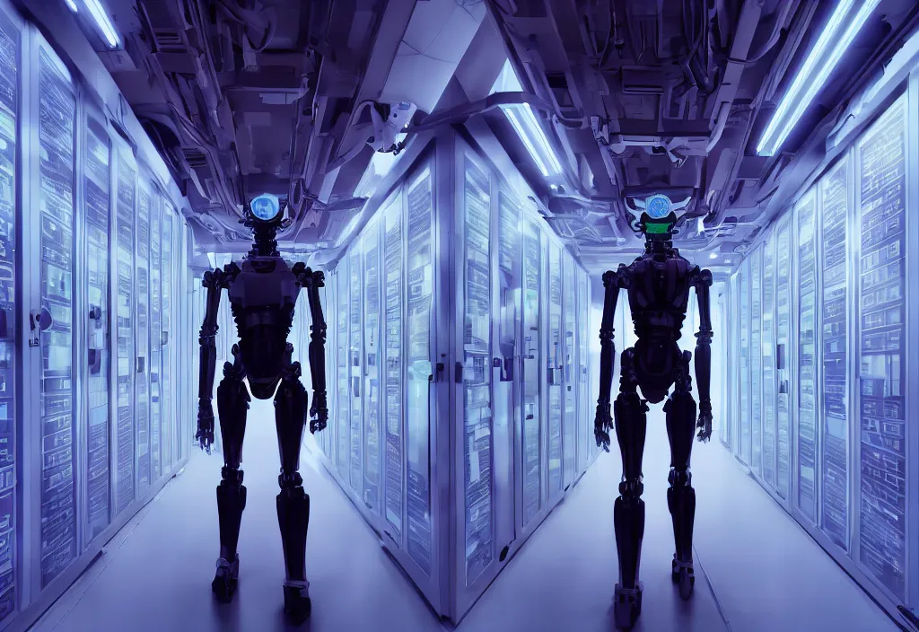 Image similar to shot of film, human like a mech, full body, in detailed server room, in data center, character design, symmetrical, vivid color, complementary color, detailed, sharp lines, trending on artstation, volumetric lighting, dramatic lighting by yoichi hatakenaka, violet, by masamune shirow, by josan gonzales, octane render 8 k