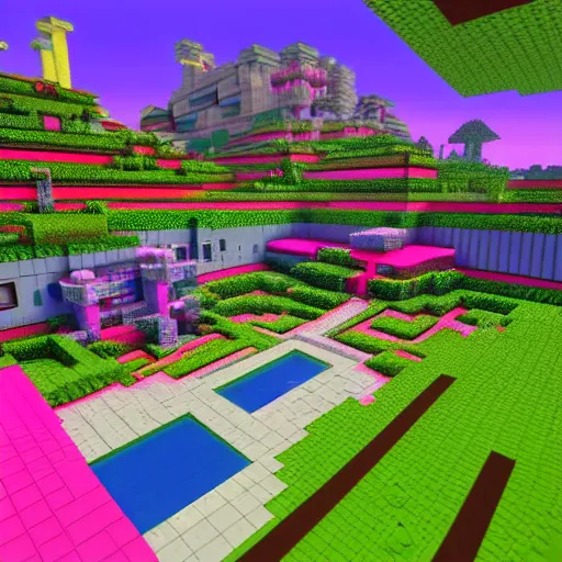 Prompt: a vaporwave cyberpunk photorealistic minecraft world in the world of the simpsons