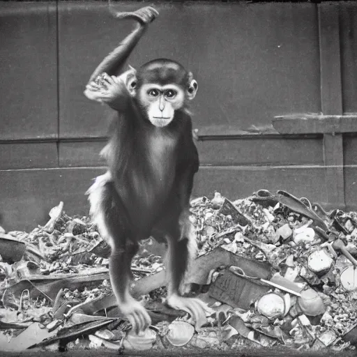 Image similar to Victorian era monkey dancing in a landfill