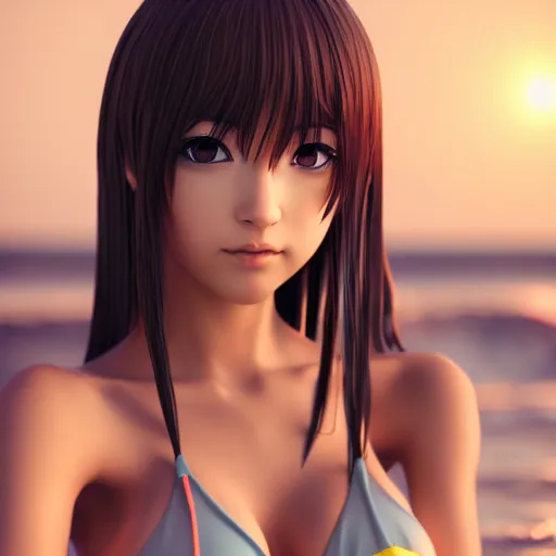 Image similar to Beautiful anime babe wearing a bikini at the beach, Highly Detailed, Photorealism, HD quality, 8k resolution, cinema 4d, 3D, unreal engine 5, high quality, beautiful, cinematic