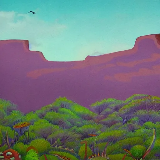 Image similar to painting of a lush natural scene on an alien planet by shonto begay. beautiful landscape. weird vegetation. cliffs and water.