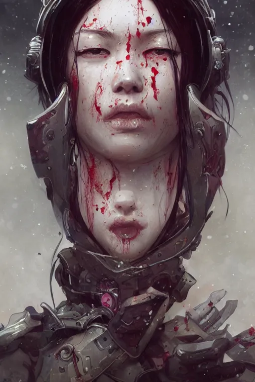 Image similar to ultra realistic illustration, snowy, asian bloodied face, hacknaut cyberpunk, sci - fi, fantasy, intricate, elegant, highly detailed, digital painting, artstation, concept art, smooth, sharp focus, illustration, art by artgerm and greg rutkowski and alphonse mucha