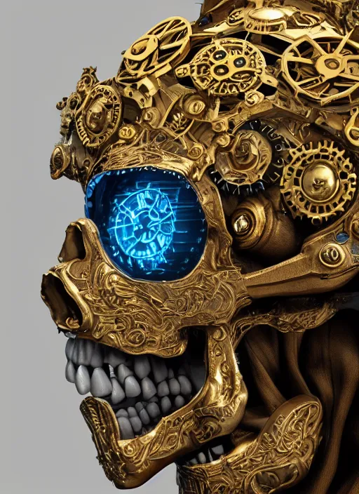 Image similar to 3d render ultra detailed of a skull, art deco, steam punk, intricate gears details, hyperrealistic, ultra detailed, elegant, octane render, blue and gold, 8k, trending on Artstation, unreal engine