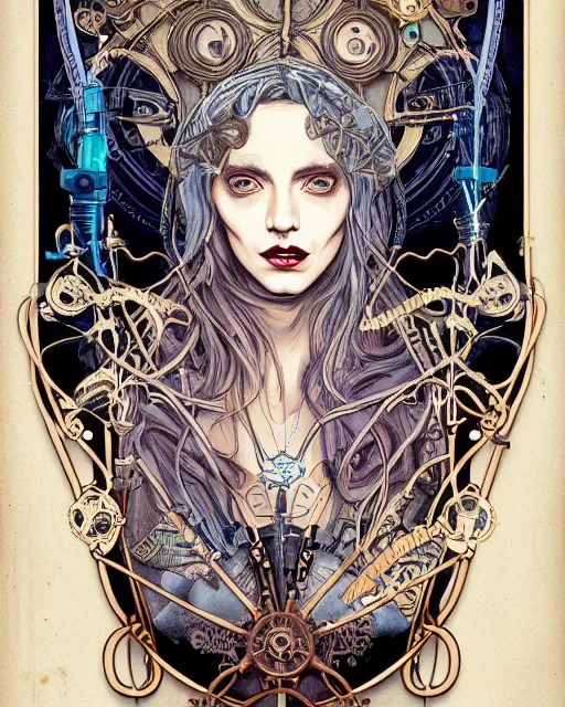 Prompt: a detailed portrait illustration of a steampunk wizard. beautiful androgynous female face. art nouveau, pop art, comic book style. influenced by neil gaiman, jules verne, dan mumford, brian froud, vadim voitekhovitch, killian eng, ross tran.