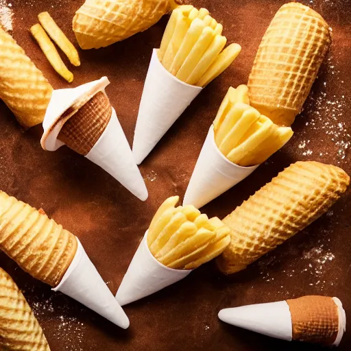 Image similar to ice cream cones and french fries, food photography, studio lighting