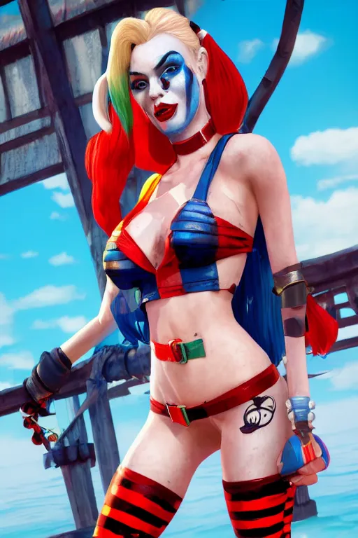 Image similar to harley quinn at the beach, hyper detailed, digital art, trending in artstation, cinematic lighting, studio quality, smooth render, unreal engine 5 rendered, octane rendered