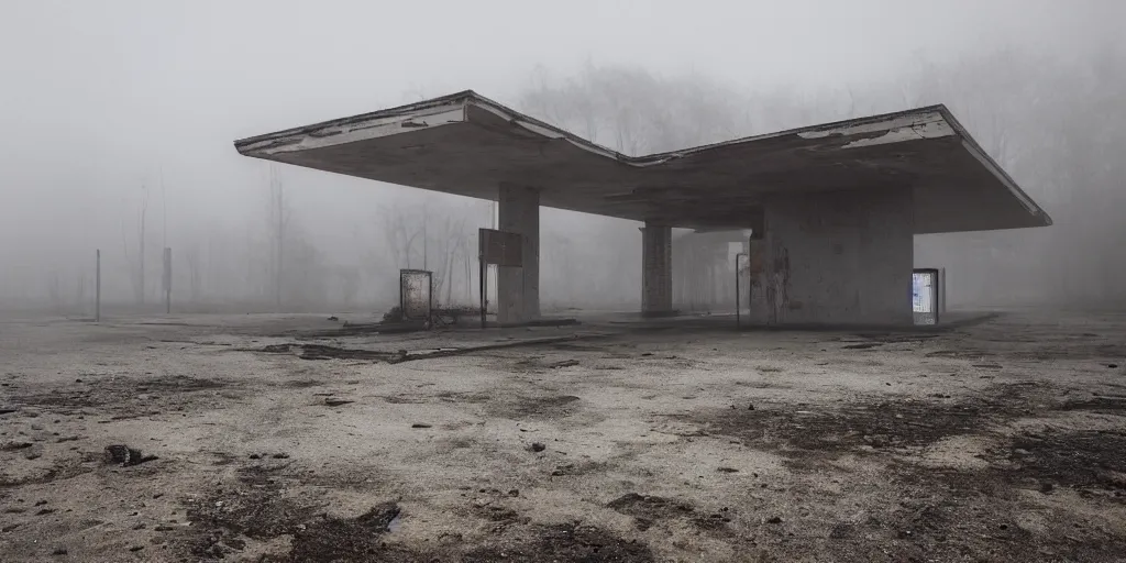 Prompt: a melancholic post-apocalyptic ruins of a gas station, mutants creatures swarming, atmosphere of silent hill, fog, Todd Hido, painted by gerhard richter, painted by Marlene Dumas