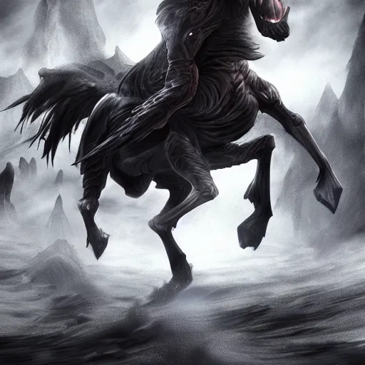 Image similar to horse as a dark souls boss artistic. illustration. 4 k. cinematic. photoreal. dark colors