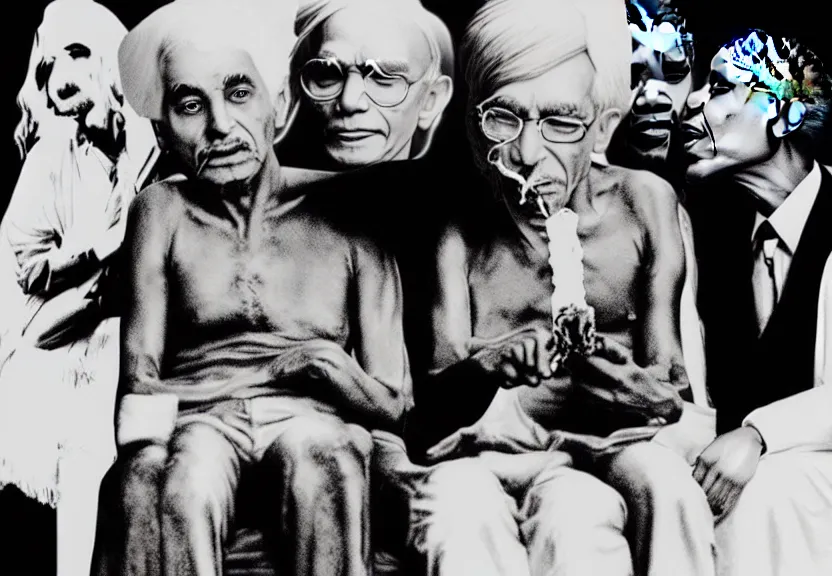 Prompt: smoke session for the ages: Gandhi , Obama, Jesus, And Lady GaGa smoking a fat blunt on a sofa by Andy Warhol, photograph, by Beeple