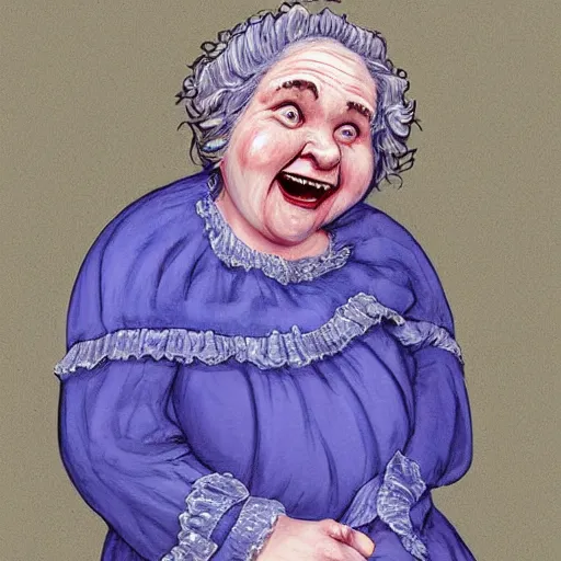 Prompt: of a very funny ambient occlusion render. a sweet fat old woman is in love with her self. flowery dress. symmetrical face, red mouth, blue eyes. deep focus, lovely scene. ambient occlusion render. concept art. unreal engine. pencil and ink. goya painting style.