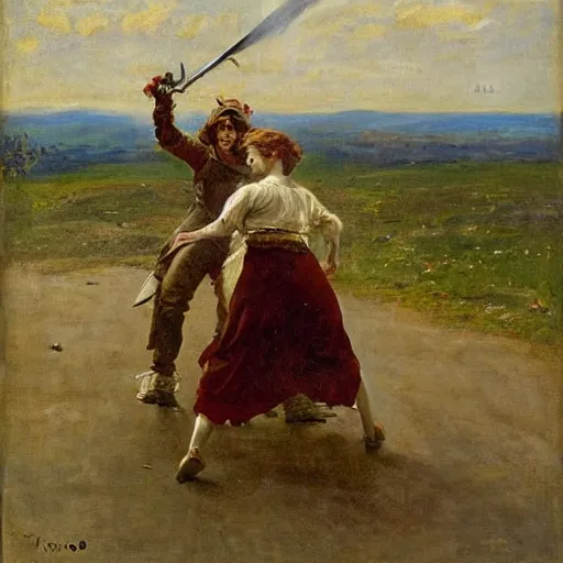 Image similar to a woman fighting a monster by alfred stevens