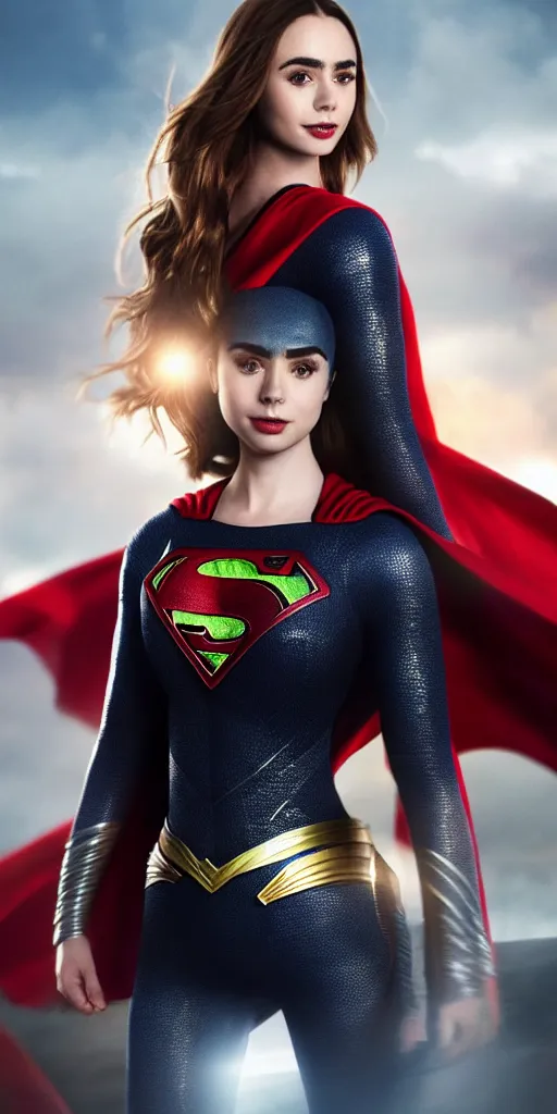 Image similar to a potrait of Lily Collins as Supergirl with man of steel suit style and full armour by Zack Snyder, 8k photorealistic, cinematic lighting, HD, high details, dramatic, trending on artstation, view from above