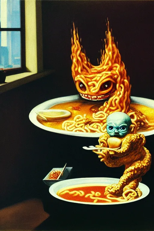 Prompt: evil human giant baby godzilla eating a huge bowl of ramen in new york city, hauntingly surreal, highly detailed painting by francis bacon, edward hopper, adrian ghenie, gerhard richter, and james jean soft light 4 k,