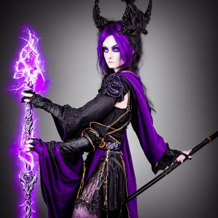 Image similar to professional photograph of a real - life beautiful elemental dark witch with ornate purple and black robes and staff. extremely detailed. 8 k