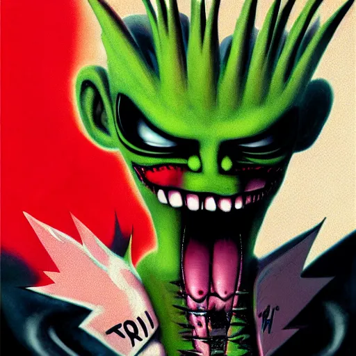 Image similar to a punk rock rapper alien with black spiked hair enraged, an airbrush painting by Jamie Hewlett, cgsociety, symbolism, antichrist, aesthetic, 8k