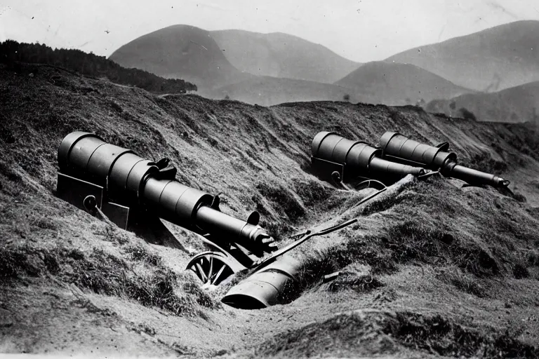 Image similar to 1 5 5 mm artillery in trenches with a beautiful background of hills and mountains, black and white photography, 1 9 2 5